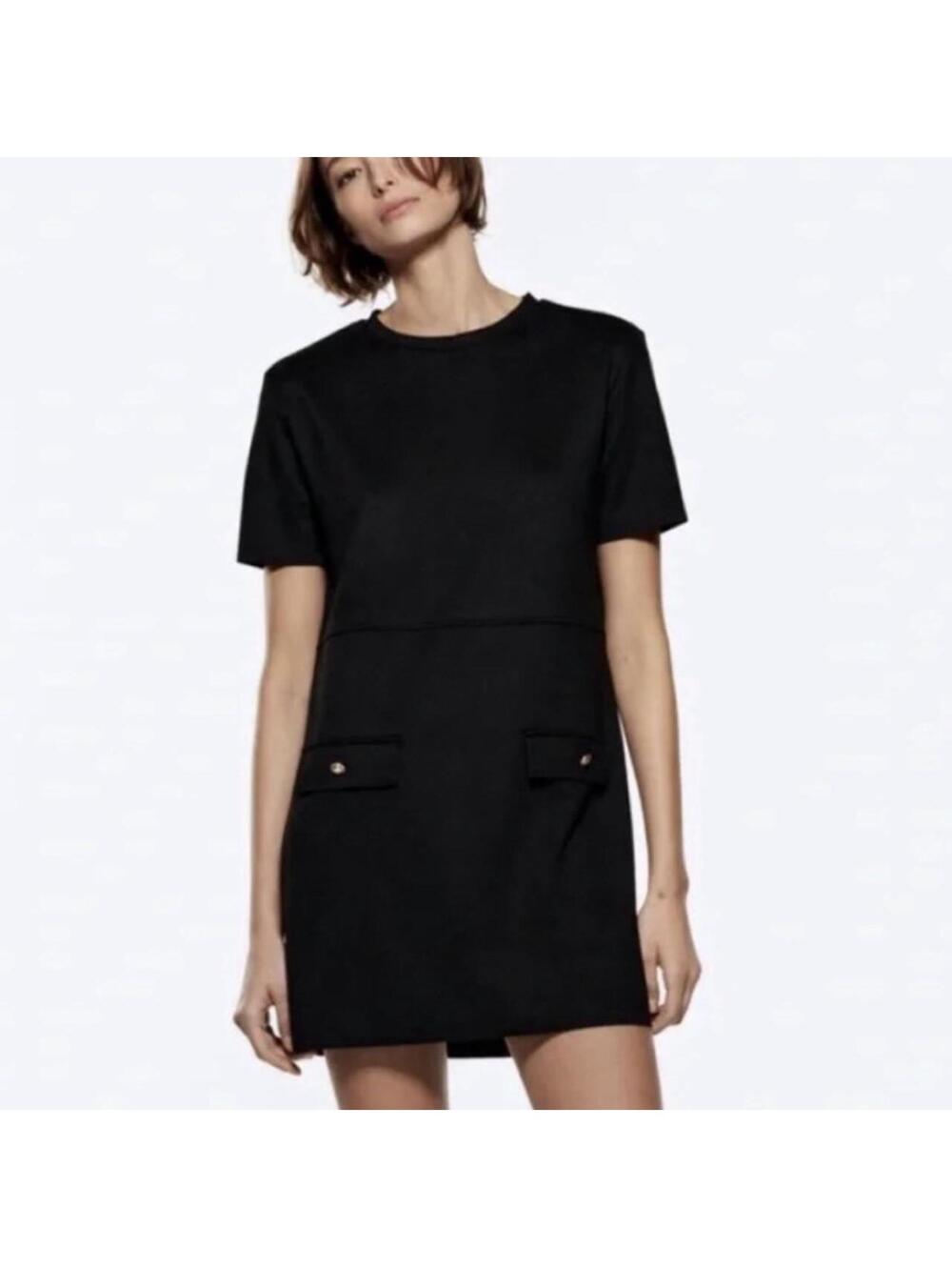 Zara Black faux-suede short-sleeve mini shift dress